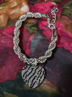 Silver Rope Chain Bracelet with Black & Silver Pave Heart Charm